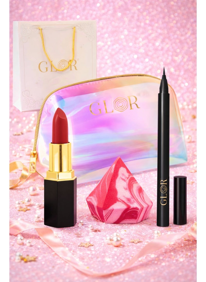 GLOR Valentines Special Glor Endless Charm Lipstick– Intense Long-Lasting Color, Luxurious Moisture, Ultra-Creamy Formula for Beautiful Lips-Raspberry Range + Eyeliner + 1 Beauty Blender + 1 Cosmetic Bag - Image 2